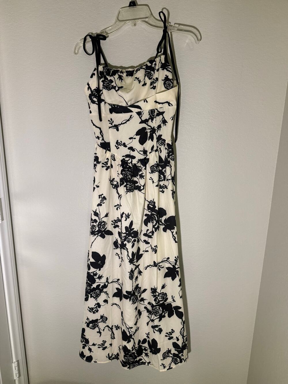 Black White Floral Tie Strap Midi Dress Cottagecore Romantic Dress A Line Medium